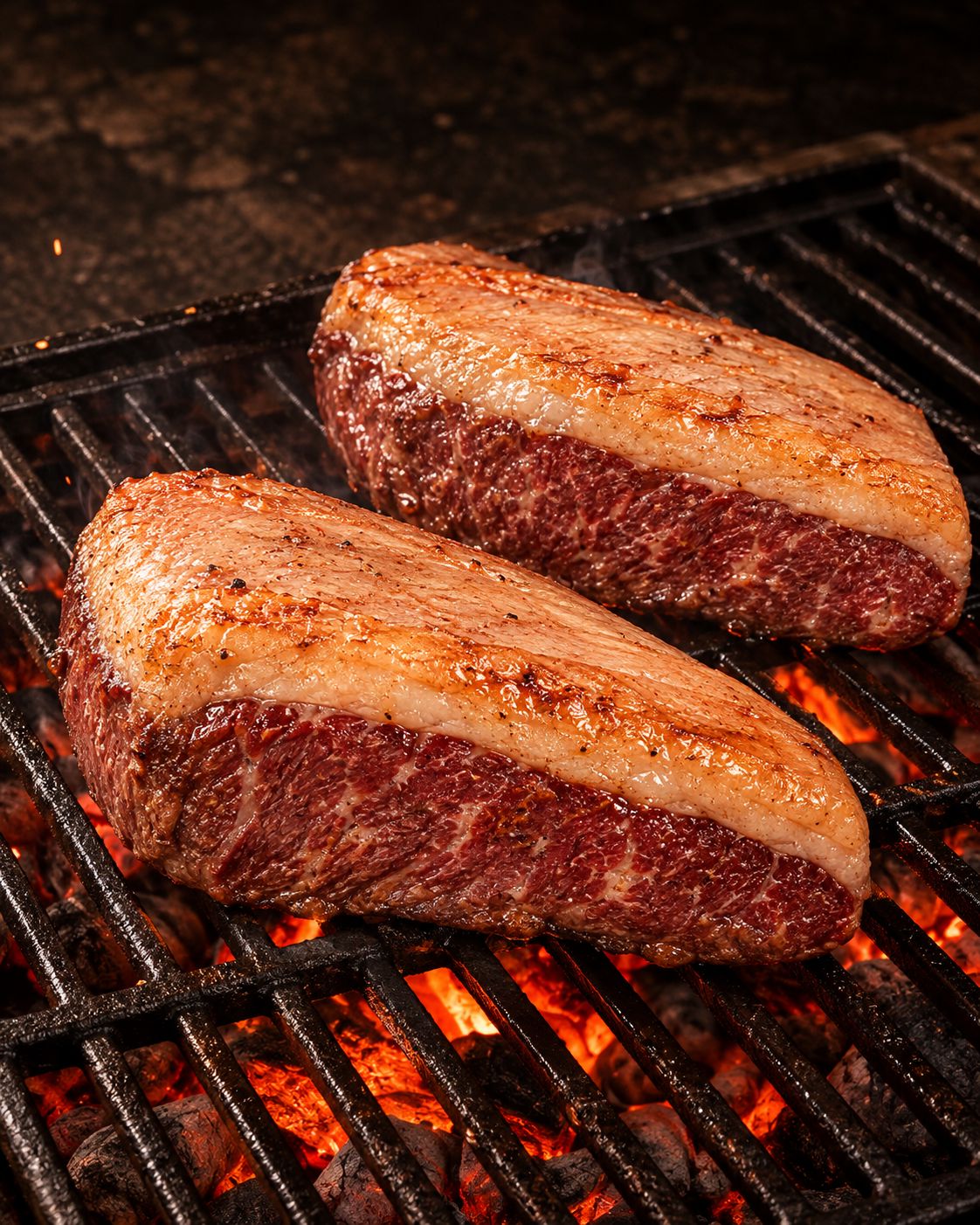 Bifes de picanha com capa de gordura na grelha sobre brasa