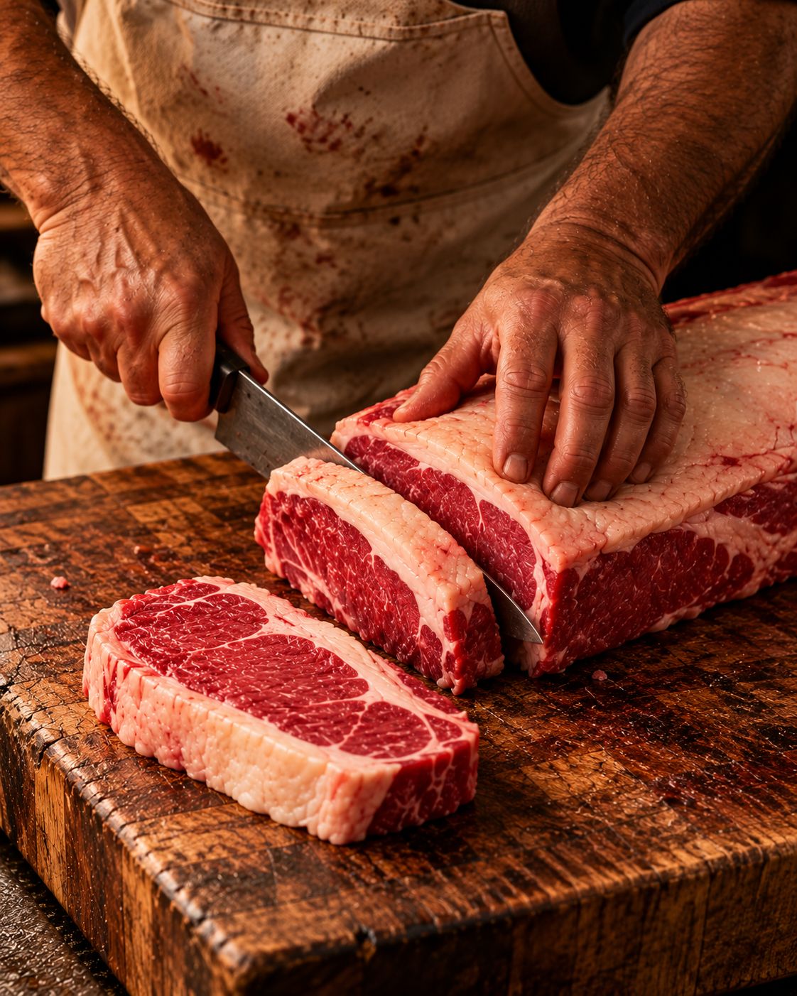 Mãos do açougueiro cortando um bife de contrafilé